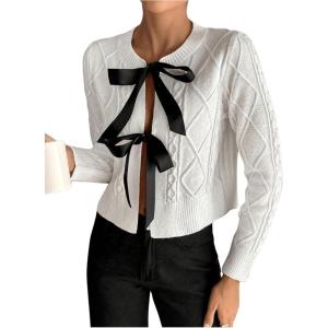 imageSHENHE Womens Cropped Cable Knit Cardigan Tie Front Bow Sweater Crewneck Y2k SweatersWhite