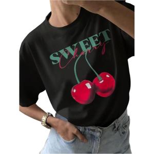 imageSHENHE Womens Cute Cherry Top Crewneck Graphic Short Sleeve Summer Casual Tee ShirtBlack