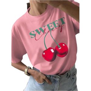 imageSHENHE Womens Cute Cherry Top Crewneck Graphic Short Sleeve Summer Casual Tee ShirtPink