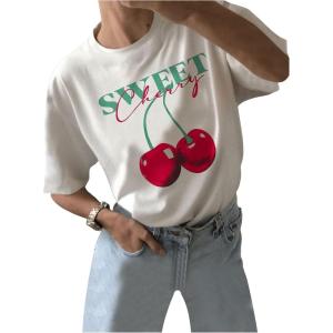 imageSHENHE Womens Cute Cherry Top Crewneck Graphic Short Sleeve Summer Casual Tee ShirtWhite
