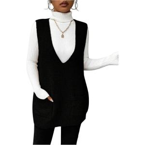 imageSHENHE Womens Deep V Neck Long Sweater Vest Casual Loose Knit Tunic Pullover with PocketsBlack