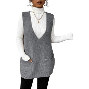 imageSHENHE Womens Deep V Neck Long Sweater Vest Casual Loose Knit Tunic Pullover with PocketsGrey