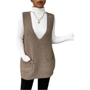 imageSHENHE Womens Deep V Neck Long Sweater Vest Casual Loose Knit Tunic Pullover with PocketsKhaki