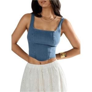 imageSHENHE Womens Denim Tank Top Sleeveless Square Neck Backless Slim Fit Y2k Crop TopBlue
