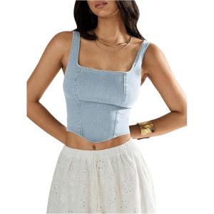 imageSHENHE Womens Denim Tank Top Sleeveless Square Neck Backless Slim Fit Y2k Crop TopLight Wash