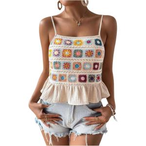 imageSHENHE Womens Floral Crochet Ruffled Sleeveless Cami Tank Top Boho Summer Peplum TopBeige