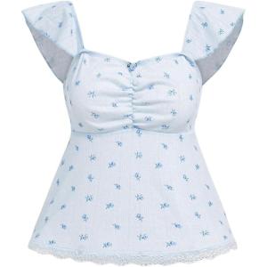 imageSHENHE Womens Floral Lace Trim Sweetheart Neckline Cap Sleeve Ruffle Peplum Cute TopBlue