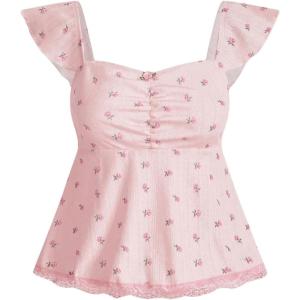 imageSHENHE Womens Floral Lace Trim Sweetheart Neckline Cap Sleeve Ruffle Peplum Cute TopLight Pink