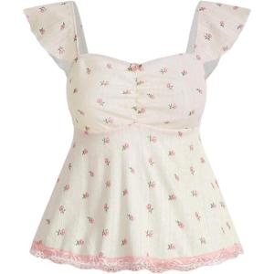 imageSHENHE Womens Floral Lace Trim Sweetheart Neckline Cap Sleeve Ruffle Peplum Cute TopMulticolor
