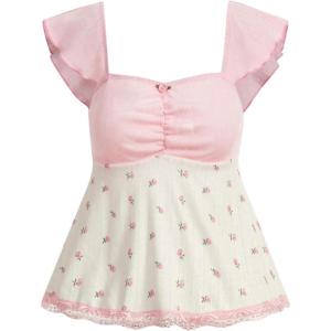 imageSHENHE Womens Floral Lace Trim Sweetheart Neckline Cap Sleeve Ruffle Peplum Cute TopPink