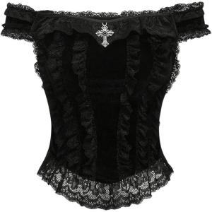 imageSHENHE Womens Goth Top Lace Trim Velvet Off Shoulder Short Sleeve Punk Top ShirtBlack