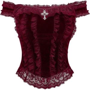 imageSHENHE Womens Goth Top Lace Trim Velvet Off Shoulder Short Sleeve Punk Top ShirtBurgundy
