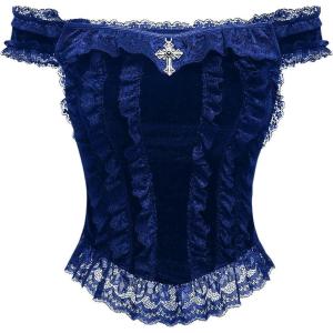 imageSHENHE Womens Goth Top Lace Trim Velvet Off Shoulder Short Sleeve Punk Top ShirtDark Blue