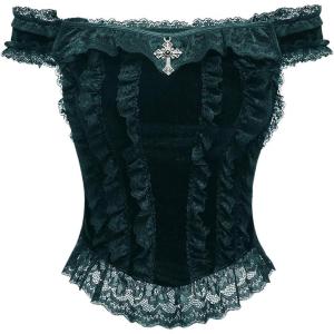 imageSHENHE Womens Goth Top Lace Trim Velvet Off Shoulder Short Sleeve Punk Top ShirtDark Green