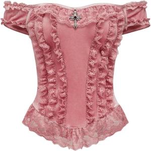 imageSHENHE Womens Goth Top Lace Trim Velvet Off Shoulder Short Sleeve Punk Top ShirtPink