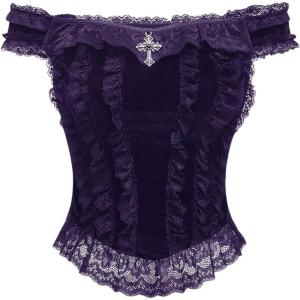 imageSHENHE Womens Goth Top Lace Trim Velvet Off Shoulder Short Sleeve Punk Top ShirtPurple