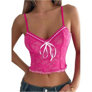 imageSHENHE Womens Lace Floral V Neck Camisole Y2k Spaghetti Strap Sleeveless Slim Fit Crop Cami TopPink
