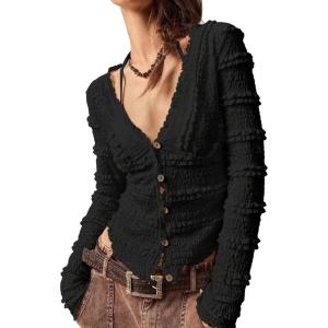 imageSHENHE Womens Lace Shirt V Neck Button Down Blouse Long Sleeve Frilly TopBlack