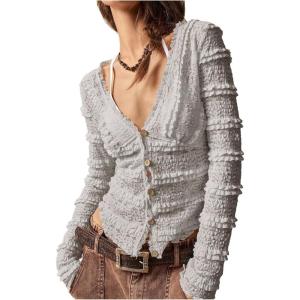 imageSHENHE Womens Lace Shirt V Neck Button Down Blouse Long Sleeve Frilly TopGrey