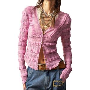 imageSHENHE Womens Lace Shirt V Neck Button Down Blouse Long Sleeve Frilly TopPink