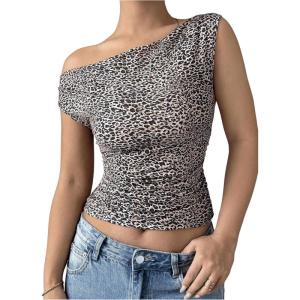 imageSHENHE Womens Leopard Off Shoulder T Shirts Ruched Sleeveless Slim Fit Crop Tee Top ClubwearMulticolor