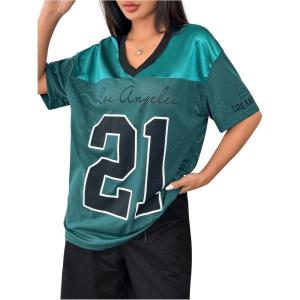 imageSHENHE Womens Mesh Football Jersey Graphic V Neck Short Sleeve Y2k Jersey Shirt Tee TopDark Green