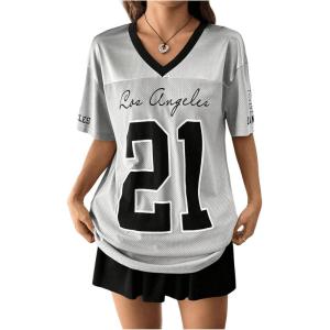 imageSHENHE Womens Mesh Football Jersey Graphic V Neck Short Sleeve Y2k Jersey Shirt Tee TopGrey