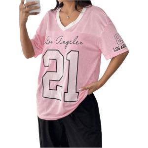 imageSHENHE Womens Mesh Football Jersey Graphic V Neck Short Sleeve Y2k Jersey Shirt Tee TopPink