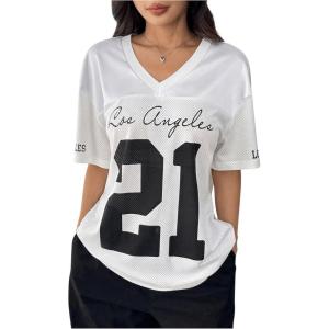 imageSHENHE Womens Mesh Football Jersey Graphic V Neck Short Sleeve Y2k Jersey Shirt Tee TopWhite