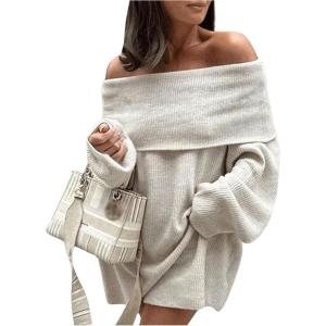 imageSHENHE Womens Off Shoulder Mini Sweater Dress Long Sleeve Ribbed Loose Pullover DressWhite