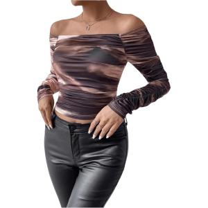 imageSHENHE Womens Off Shoulder Tie Dye Ruched Long Sleeve Fitted Casual Crop Tshirt TopMulticolor
