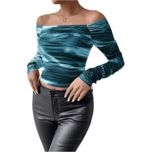 imageSHENHE Womens Off Shoulder Tie Dye Ruched Long Sleeve Fitted Casual Crop Tshirt TopTeal Blue