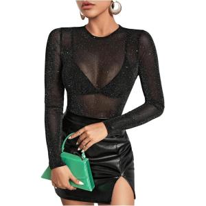 imageSHENHE Womens Sexy Glitter Sheer Mesh Top Fitted Long Sleeve Sparkly Party Rave Top