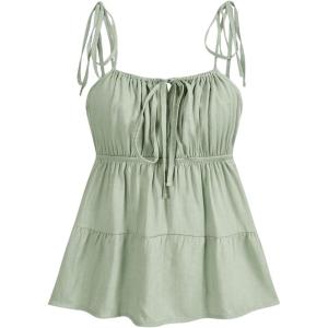imageSHENHE Womens Spaghetti Strap Ruched Bust Ruffle Hem Cami Top Tie Backless CamisoleMint Green