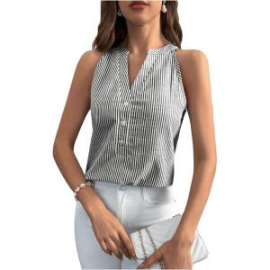 imageSHENHE Womens Striped Print Notched V Neck Button Down Sleeveless Blouse TopBlack