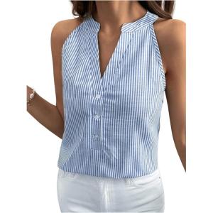imageSHENHE Womens Striped Print Notched V Neck Button Down Sleeveless Blouse TopBlue and White