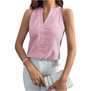 imageSHENHE Womens Striped Print Notched V Neck Button Down Sleeveless Blouse TopPink
