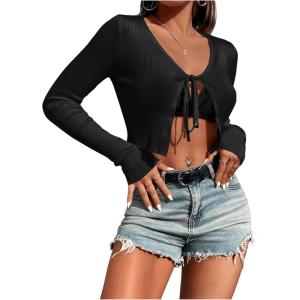 imageSHENHE Womens V Neck Ribbed Knit Tie Front Cropped Plain Long Sleeve Cardigan OutwearBlack