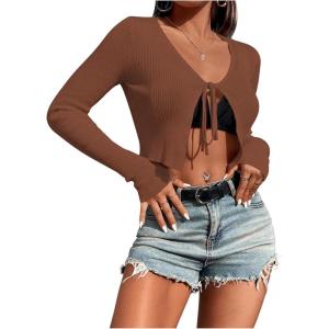 imageSHENHE Womens V Neck Ribbed Knit Tie Front Cropped Plain Long Sleeve Cardigan OutwearCoffee Brown