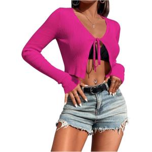imageSHENHE Womens V Neck Ribbed Knit Tie Front Cropped Plain Long Sleeve Cardigan OutwearHot Pink