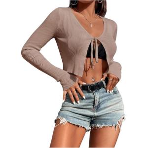 imageSHENHE Womens V Neck Ribbed Knit Tie Front Cropped Plain Long Sleeve Cardigan OutwearKhaki