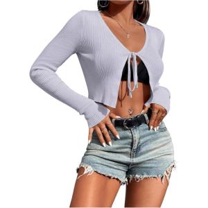 imageSHENHE Womens V Neck Ribbed Knit Tie Front Cropped Plain Long Sleeve Cardigan OutwearMauve Purple