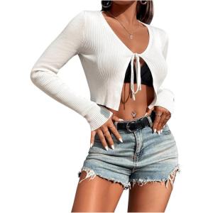imageSHENHE Womens V Neck Ribbed Knit Tie Front Cropped Plain Long Sleeve Cardigan OutwearWhite