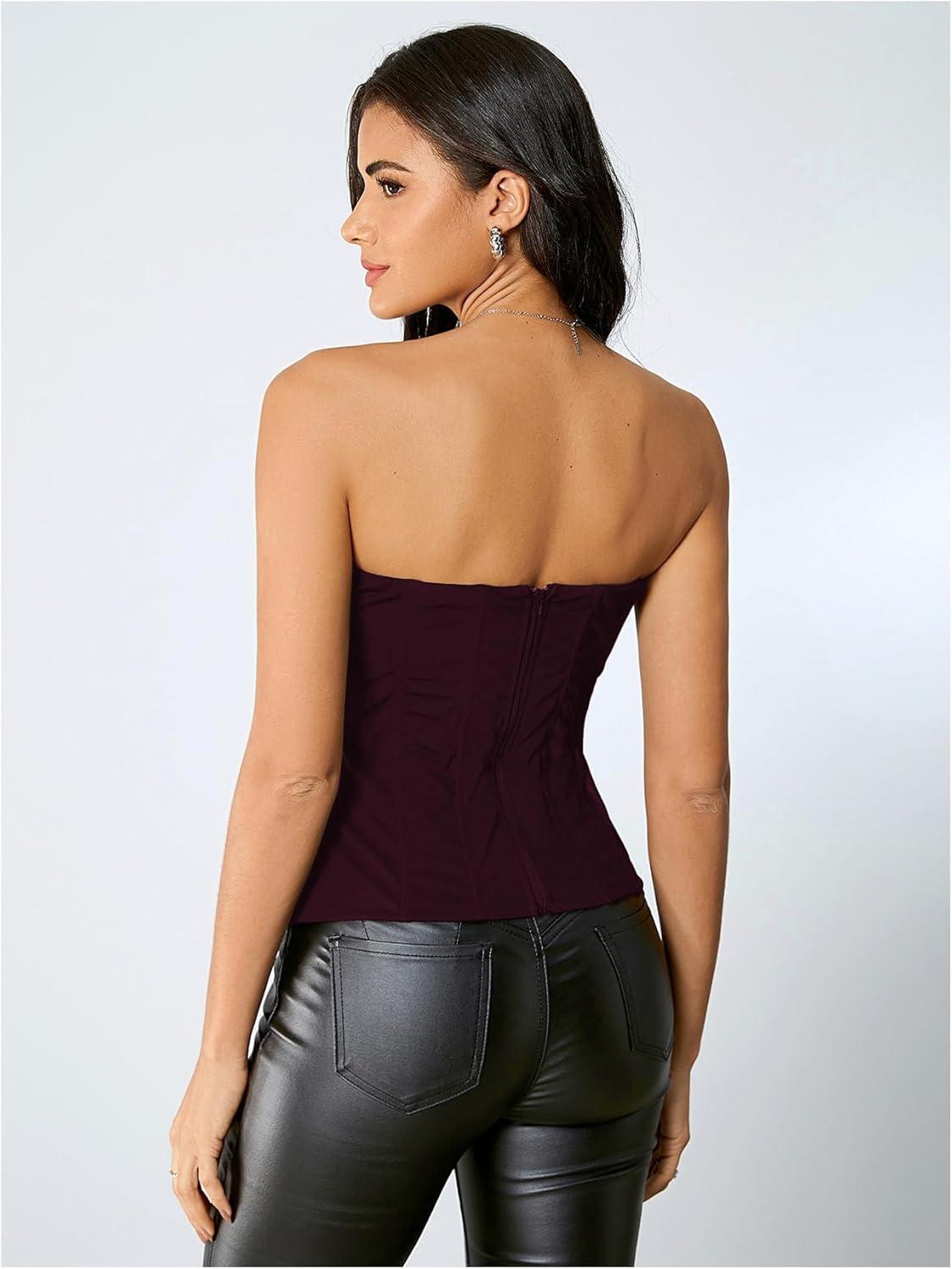 imageSHENHE Womens Vintage Strapless Boned Mesh Bustier Corset Top Bodyshaper Tube TopBrown