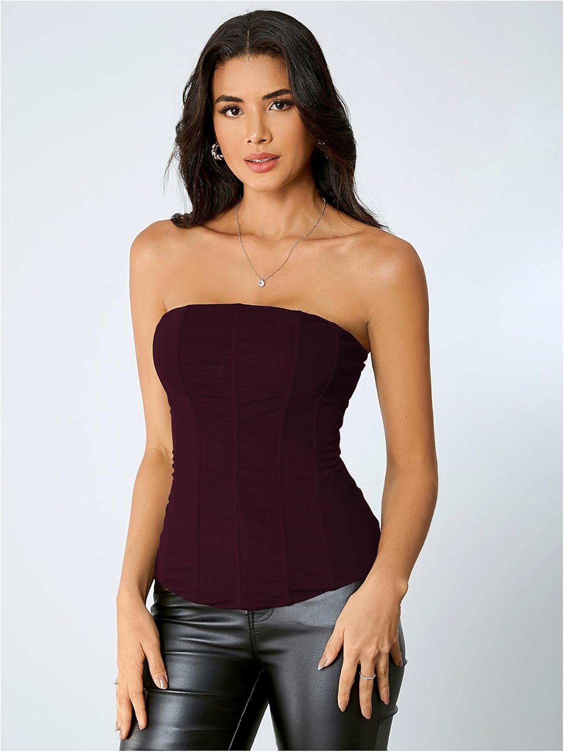 imageSHENHE Womens Vintage Strapless Boned Mesh Bustier Corset Top Bodyshaper Tube TopBrown