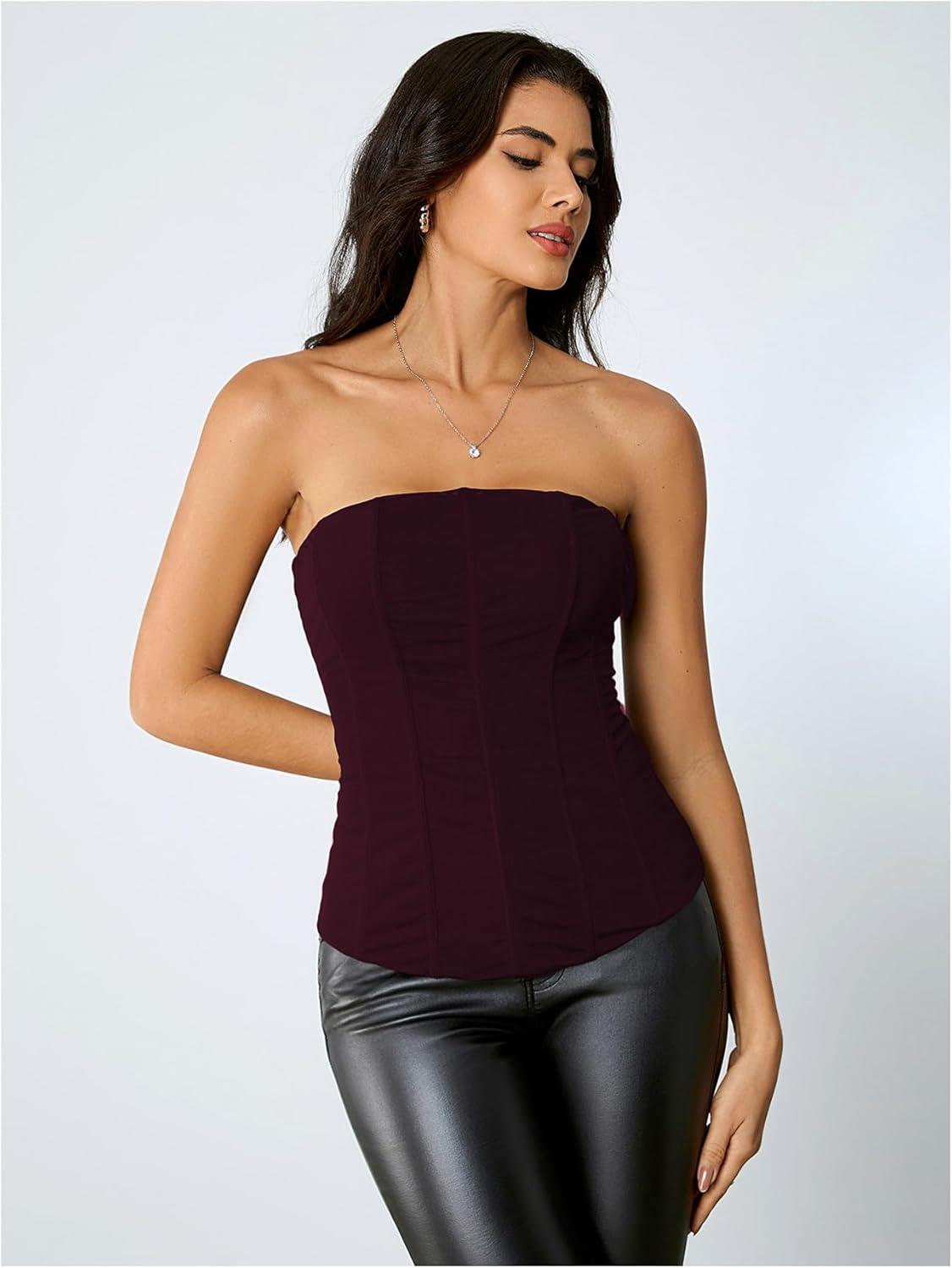 imageSHENHE Womens Vintage Strapless Boned Mesh Bustier Corset Top Bodyshaper Tube TopBrown