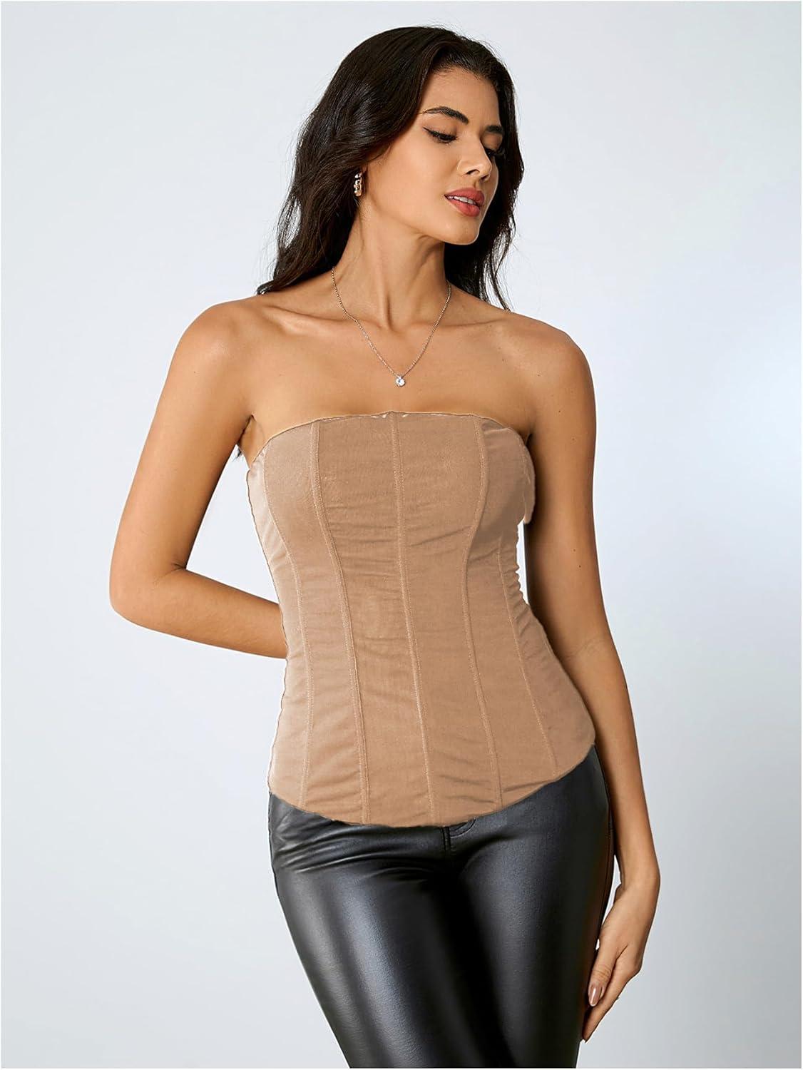 imageSHENHE Womens Vintage Strapless Boned Mesh Bustier Corset Top Bodyshaper Tube TopKhaki