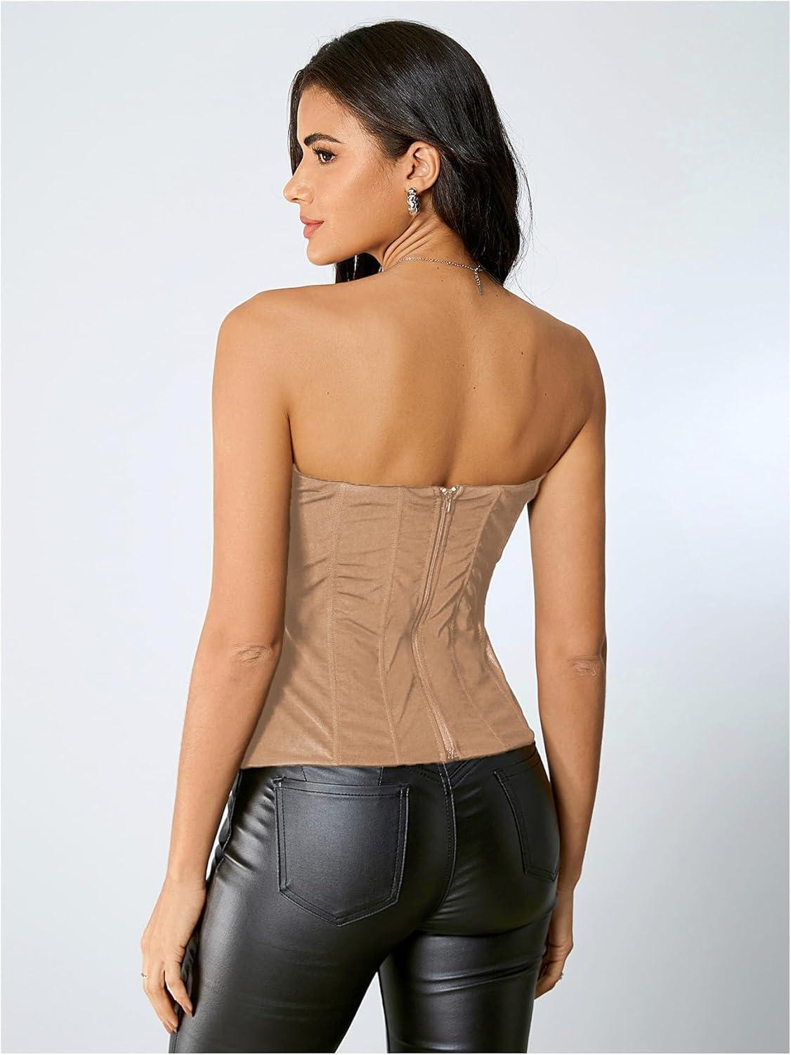 imageSHENHE Womens Vintage Strapless Boned Mesh Bustier Corset Top Bodyshaper Tube TopKhaki