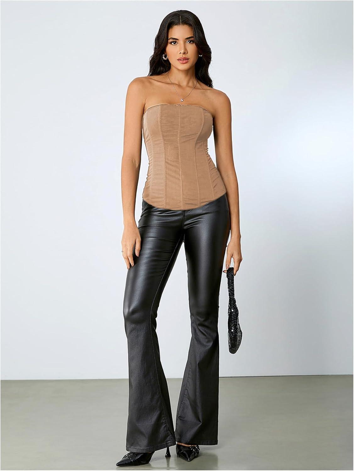 imageSHENHE Womens Vintage Strapless Boned Mesh Bustier Corset Top Bodyshaper Tube TopKhaki
