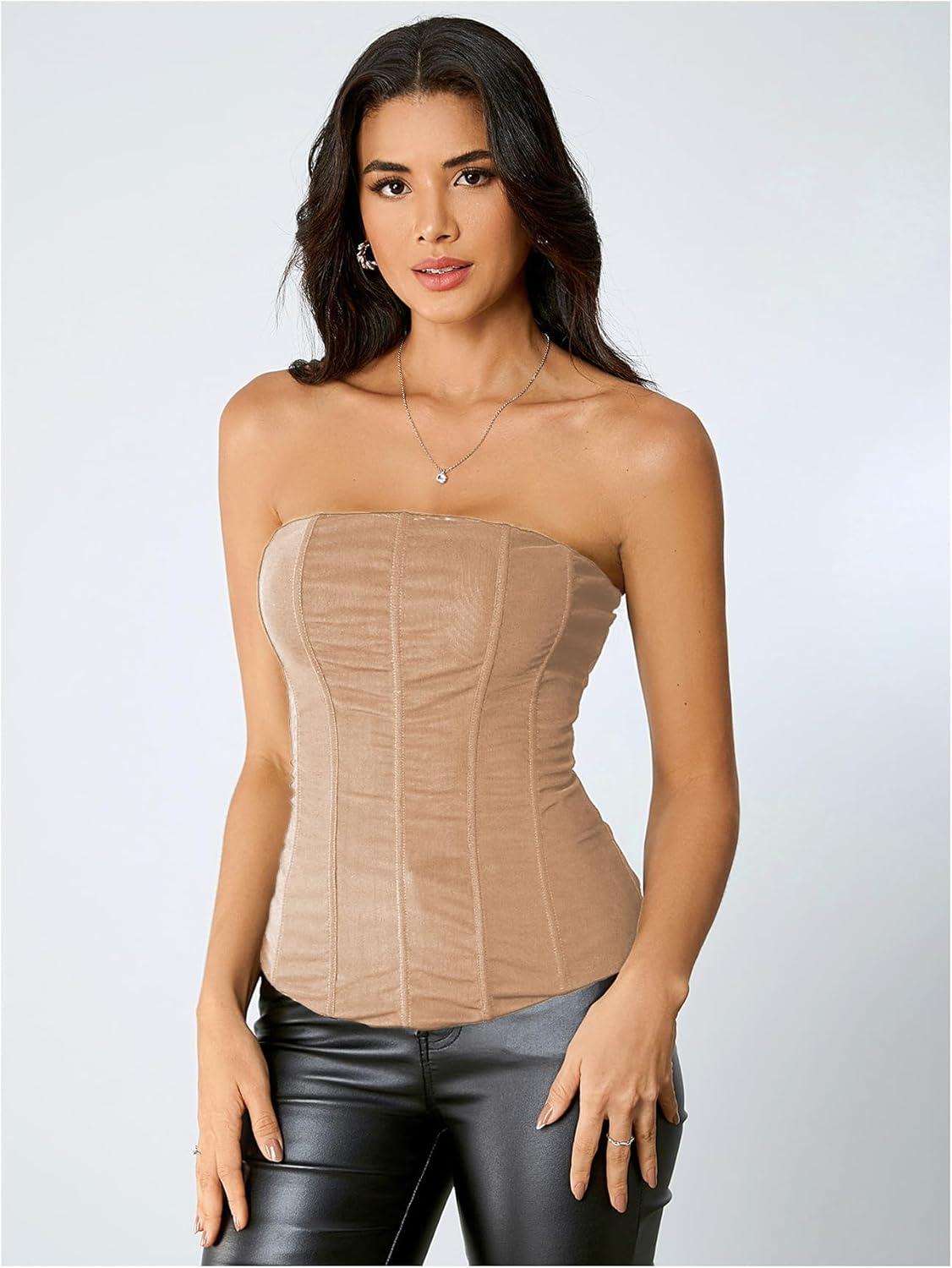 imageSHENHE Womens Vintage Strapless Boned Mesh Bustier Corset Top Bodyshaper Tube TopKhaki